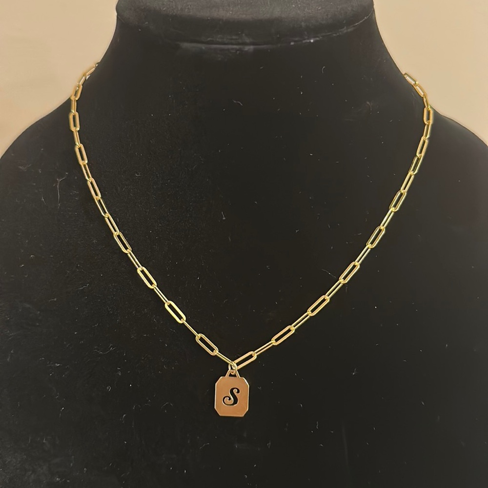 Paperclip necklace with S initial pendant 18k gold over 925 sterling vermeil